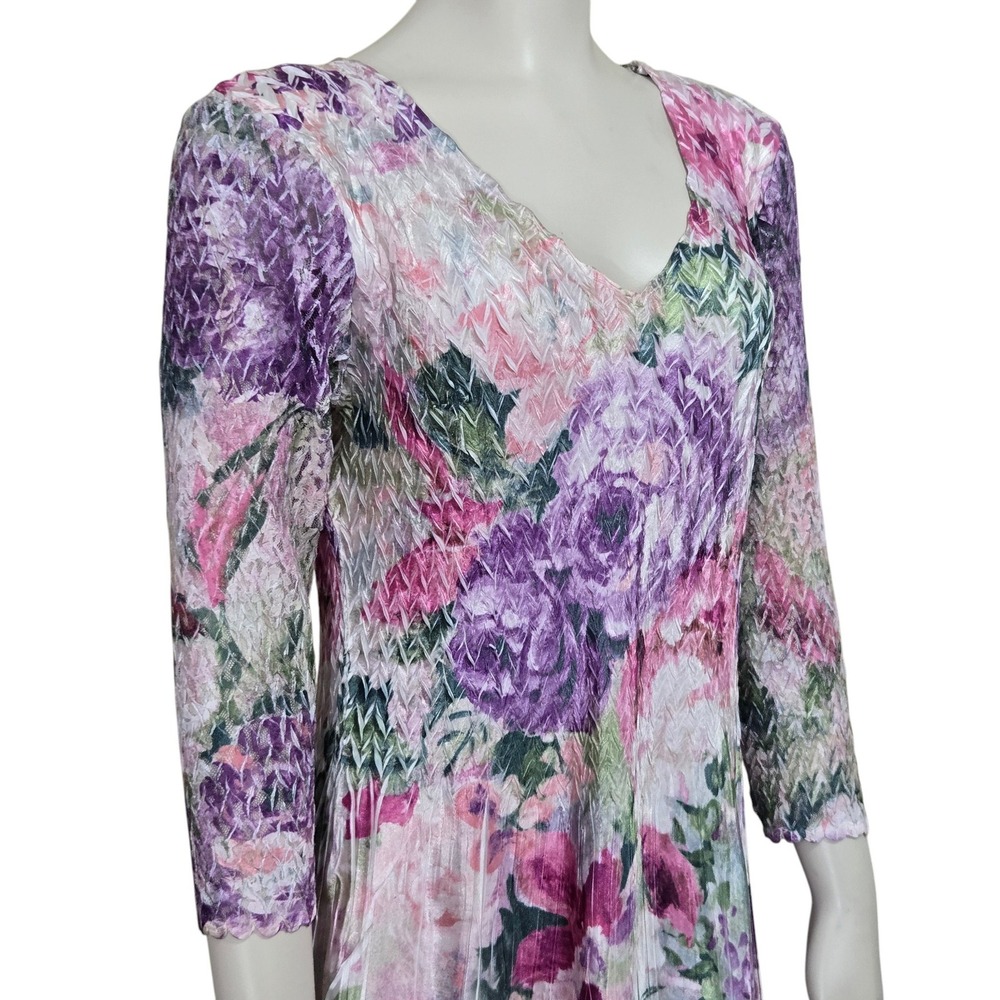 Komarov Maxi Dress XL Purple Floral Pleated Lace Trim Watercolor Crinkle Garden - Picture 3 of 14